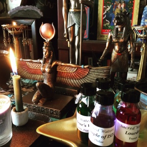 My new Isis and Sekhmet statues from Alchemy Arts, graced by the serendipitously received gift of healing waters collected from sacred places around the world (including the Temple of Isis at Philae in Lower Egypt!). This stunning collection of Sacred Waters was given to me as a gift by Rt. Rev. Gayle Mack, one of my most treasured friends in the FOI.